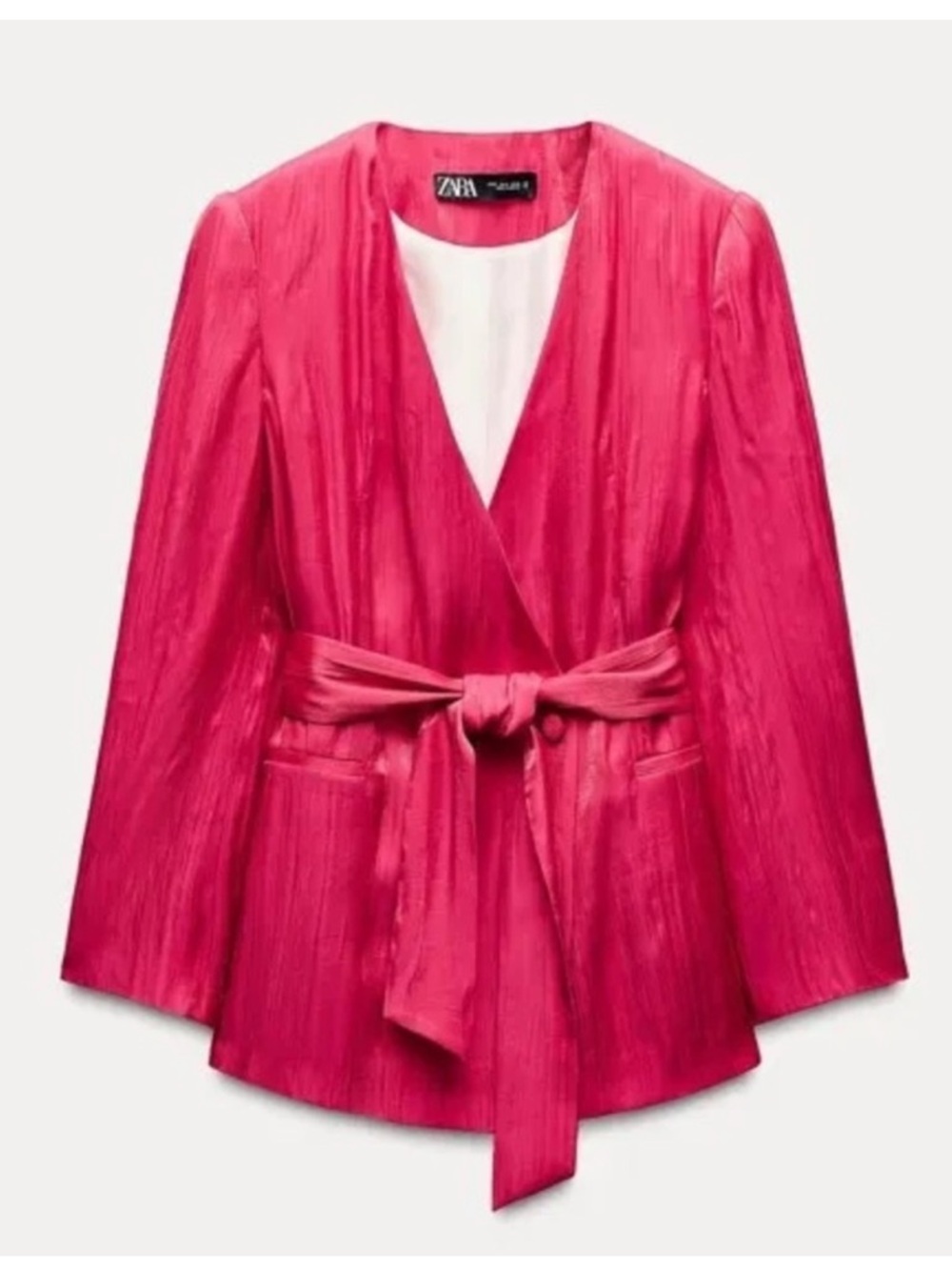 Zara Pink Crinkle Satin Effect Tie-Waist Blazer XS